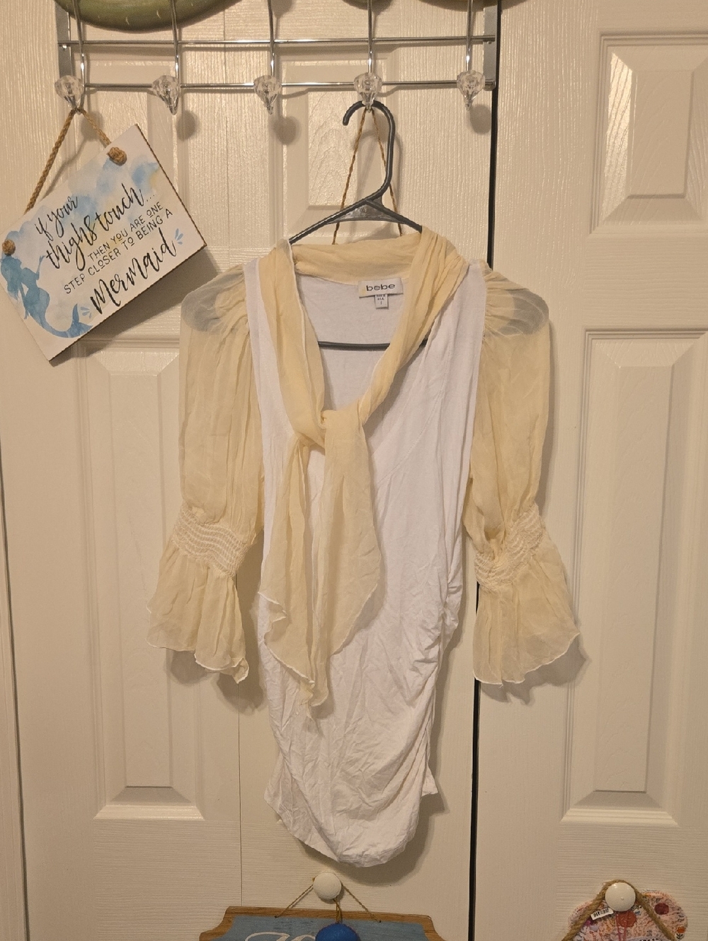 bebe Pale Yellow Sheer Tie-Neck Blouse with Puff Sleeves